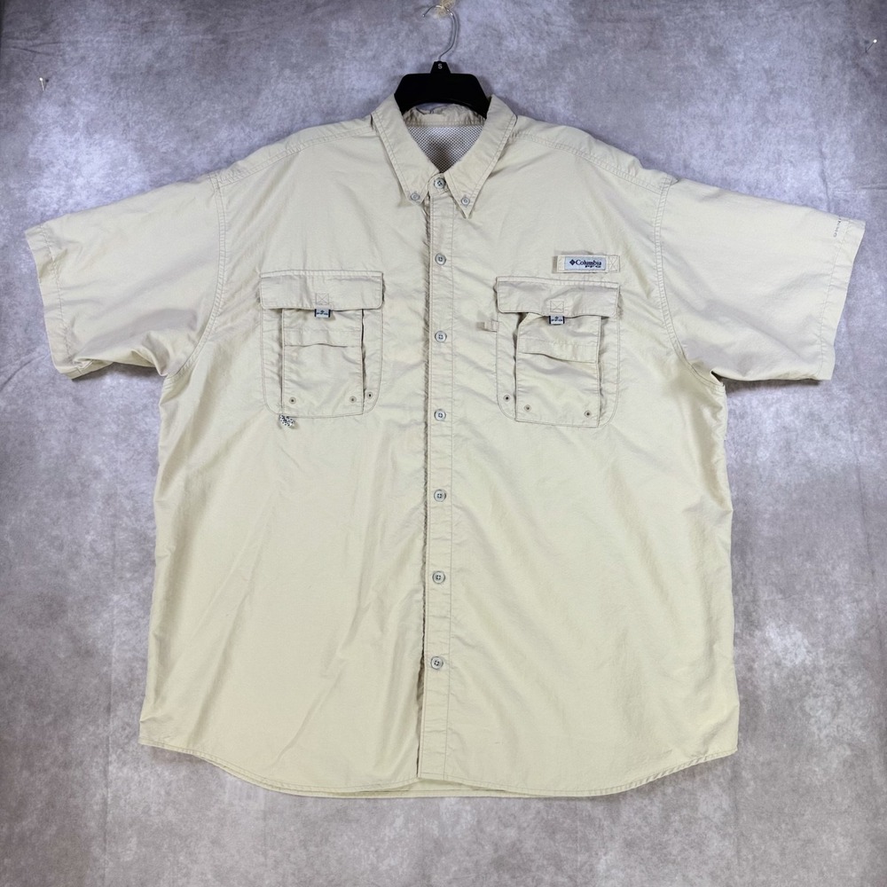 Columbia Men Shirt Khaki PFG Bahama II Omni Shade Vented Pockets Outdoor Fishing